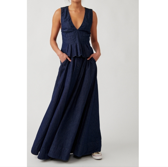 Free People Clean Coastal Denim Set Maxi Skirt Peplum Tank Dark Space Girl Wash - Picture 13 of 13